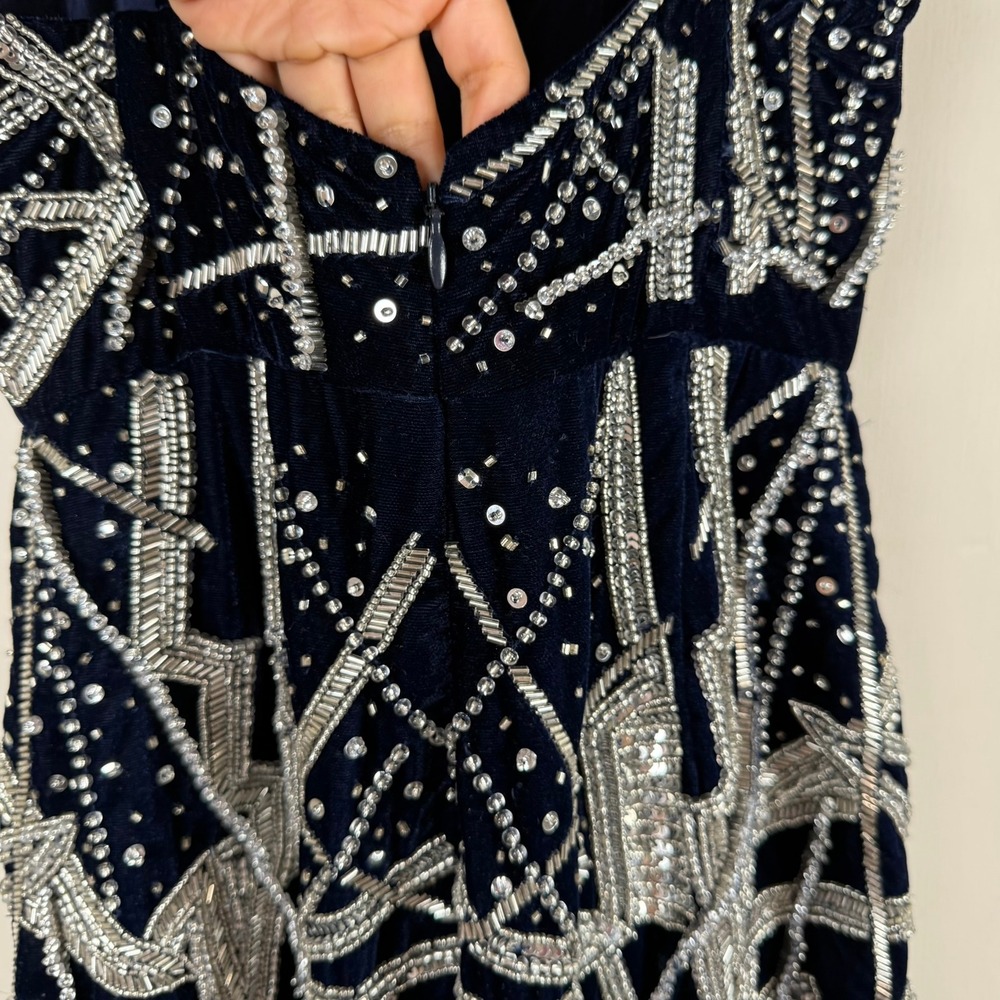 ASOS Navy Blue Velvet Sequin Geometric Print Spaghetti Strap Jumpsuit - Picture 6 of 16